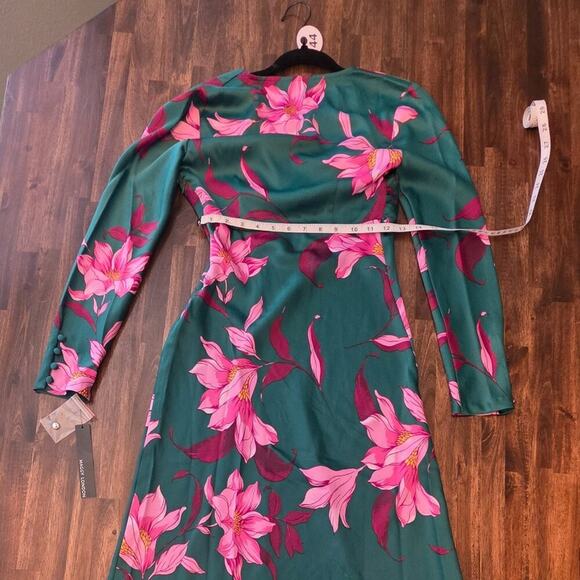 Maggy London Dress Womens 4 Green Pink Floral Midi Twist Front Long Sleeve NWT - Picture 7 of 12
